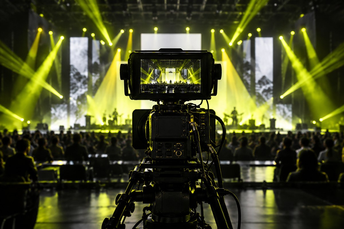 Câmera de transmissão profissional diante de um palco iluminado